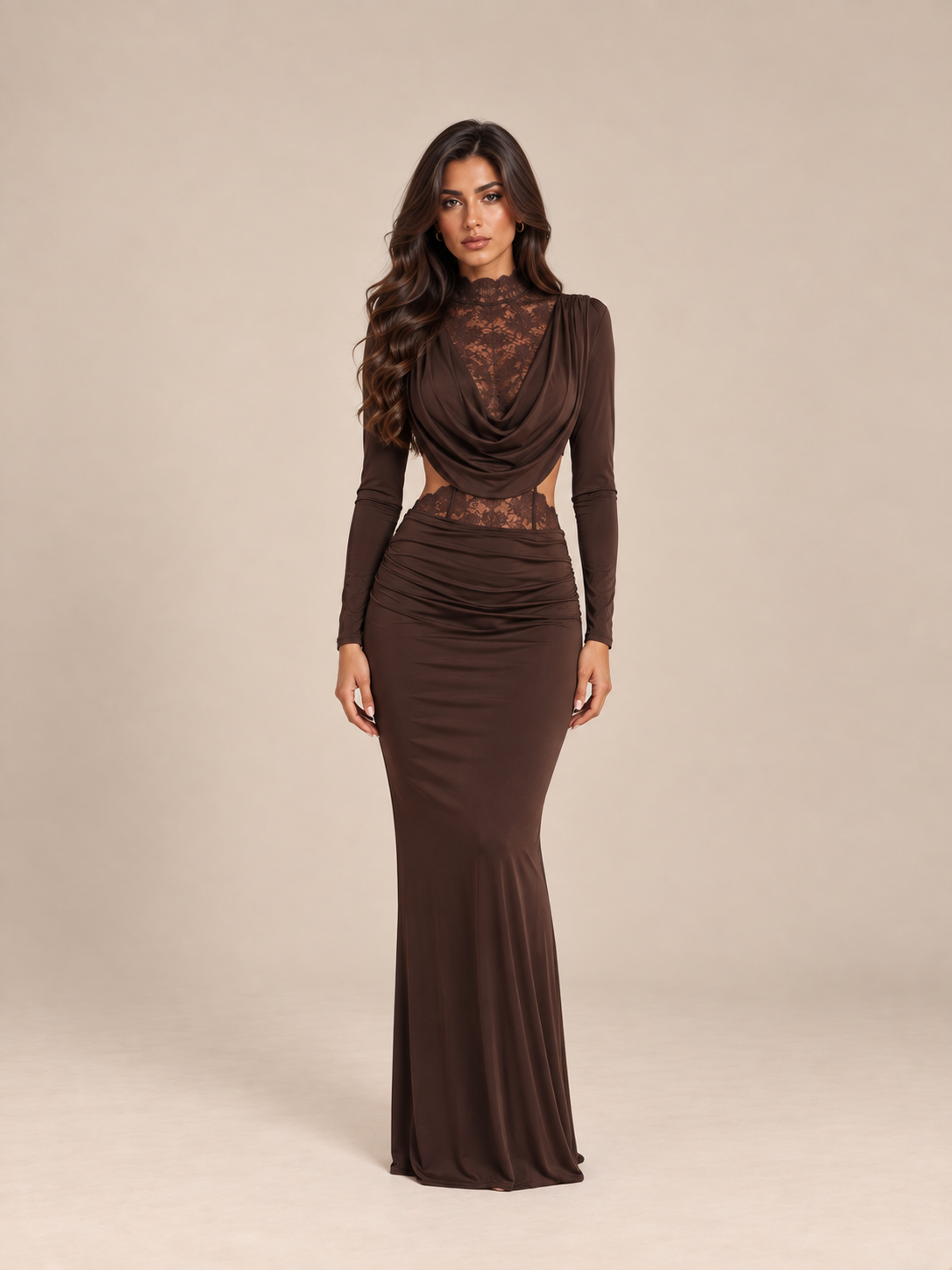Amara Lace Draped Maxi Set Brown