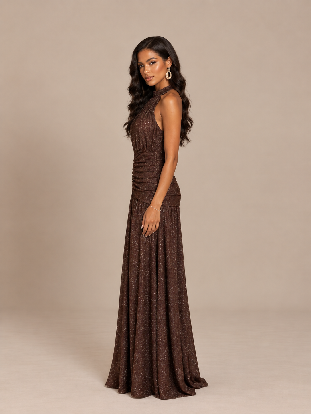 Nayeli Glitter Halter Maxi Dress Brown