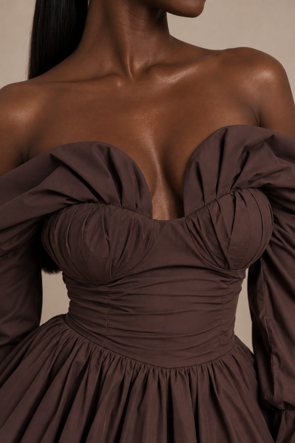 Solenne Off-Shoulder Corset Mini Dress Brown