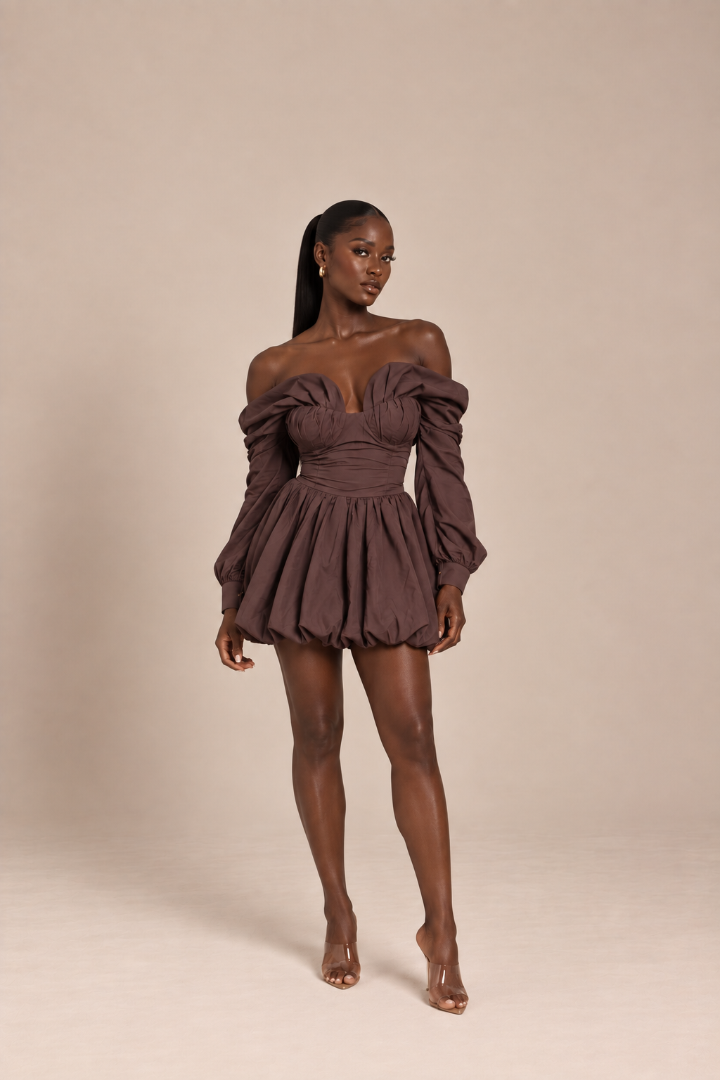 Solenne Off-Shoulder Corset Mini Dress Brown