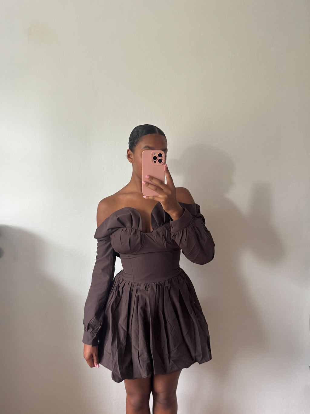 Solenne Off-Shoulder Corset Mini Dress Brown