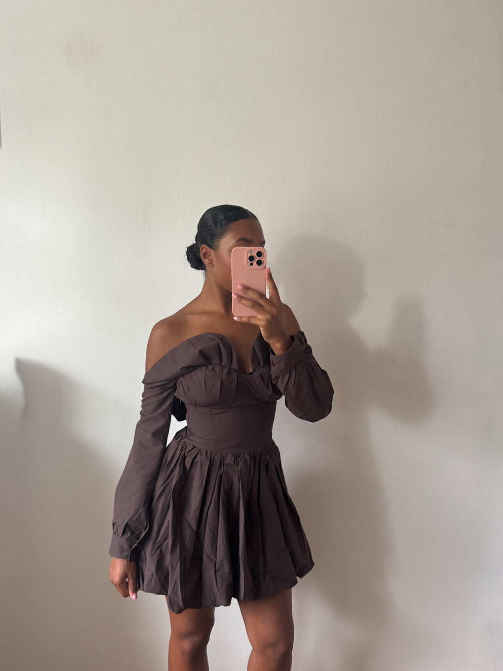 Solenne Off-Shoulder Corset Mini Dress Brown